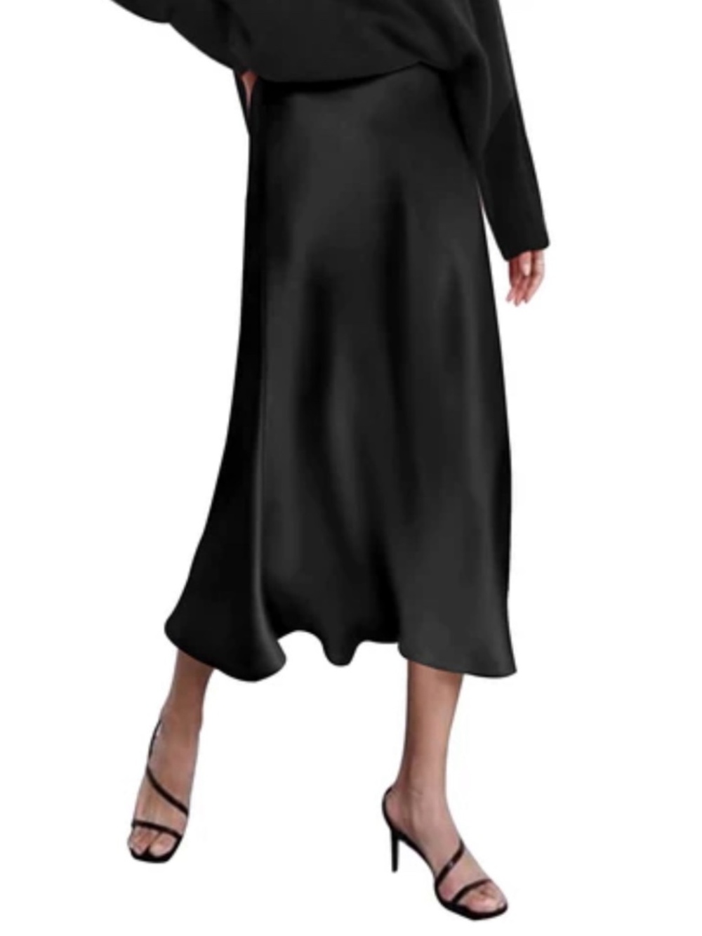 ZEAGOO Black Poly Satin Flowy Midi Skirt Side Zipper US Sz XL